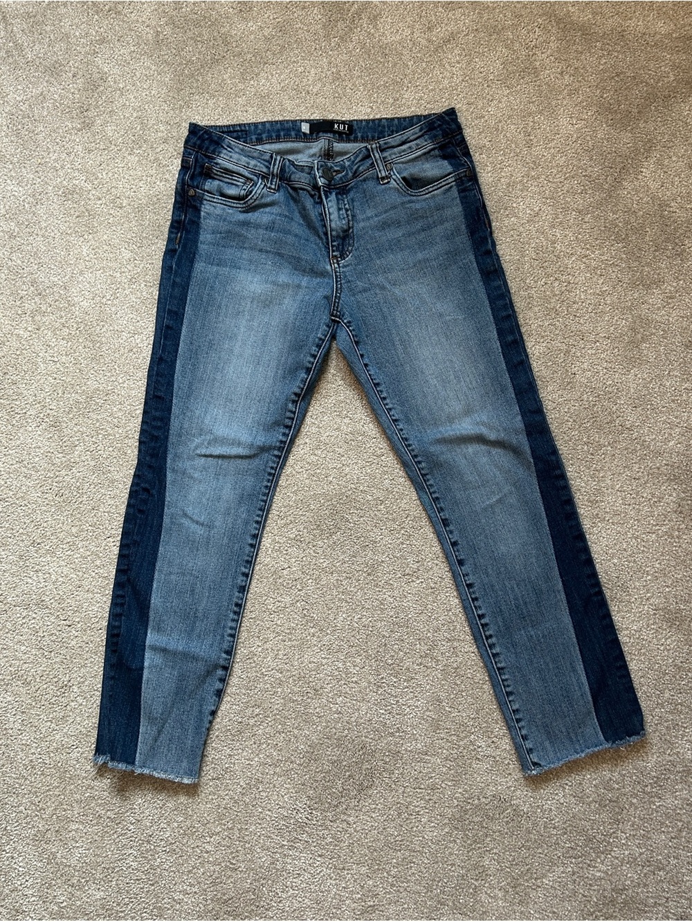 Kut from the Kloth jeans with frayed hem and color variation stripe